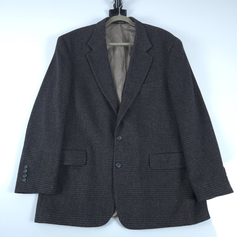 Robert Stock Wool Camel Hair Blazer 43R Brown Blue Glen Plaid Sport Coat
